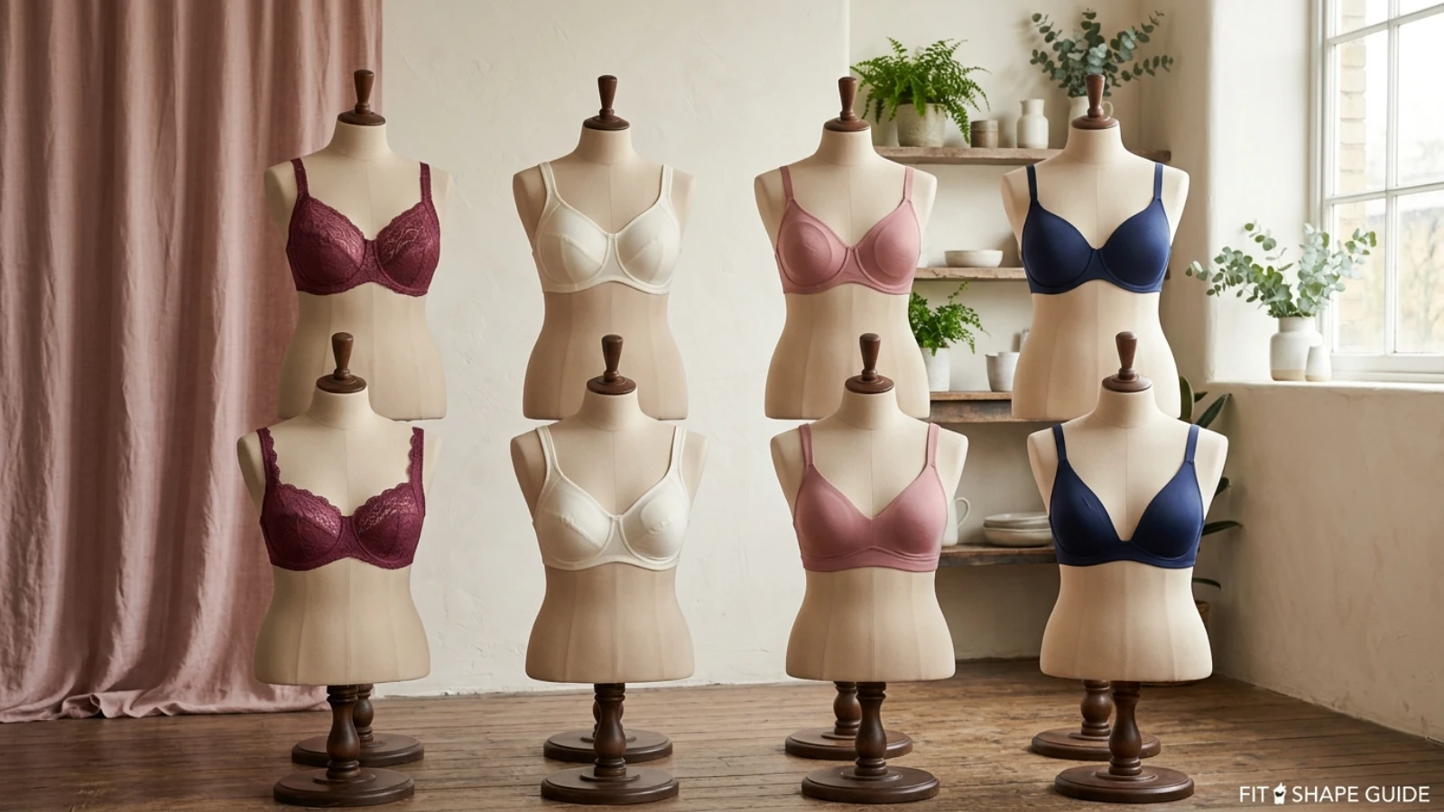 Eight asymmetry-friendly bra styles including stretch lace, removable inserts and pocketed cups