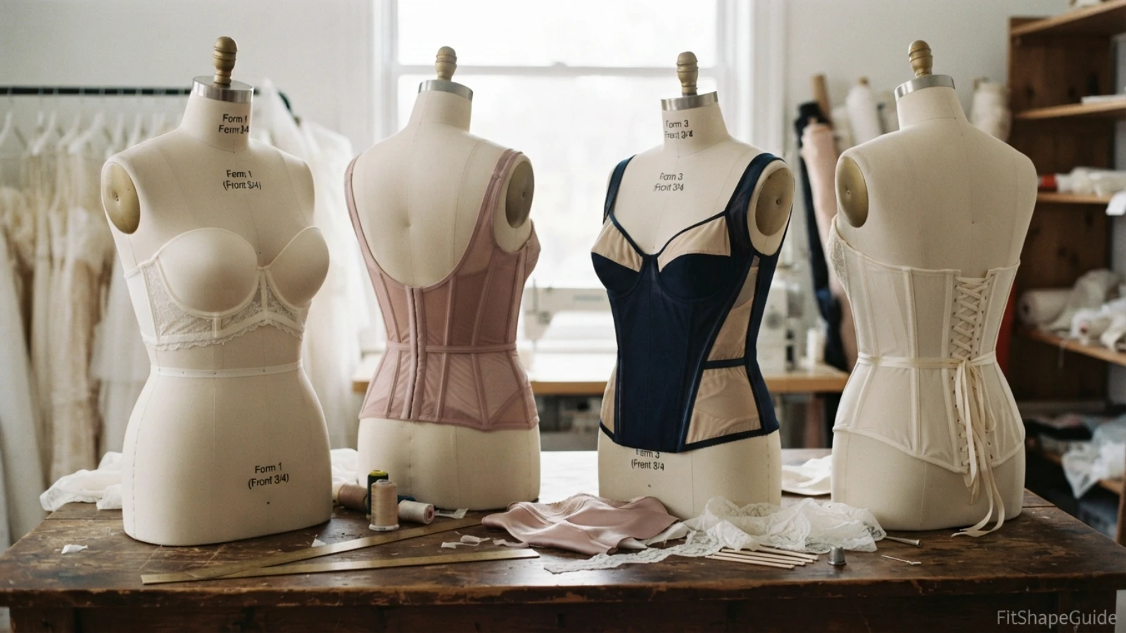 Low-back strapless bra, bridal bustier, sewn-in cups and boned gown construction for a large bust