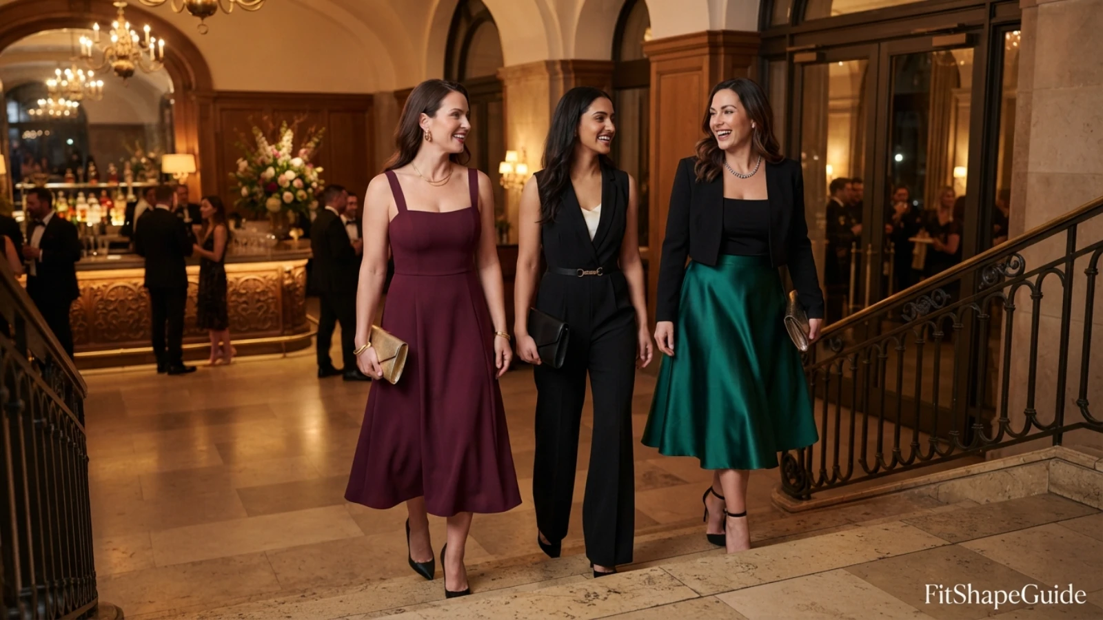 Cocktail party outfits for a large bust in three polished evening looks