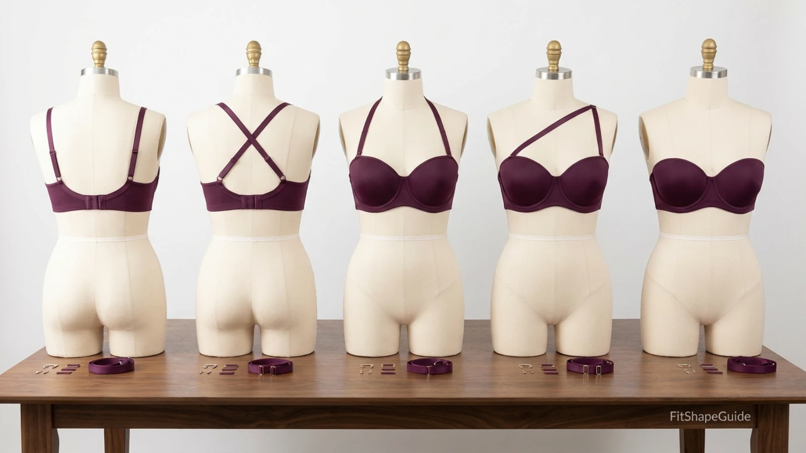 Straight, crossback, halter, one-shoulder and strapless bra modes for a large bust