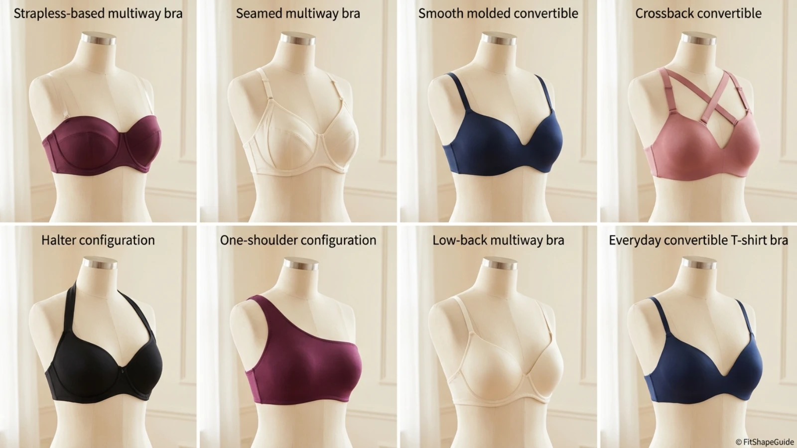 Eight convertible multiway bra styles for a large bust