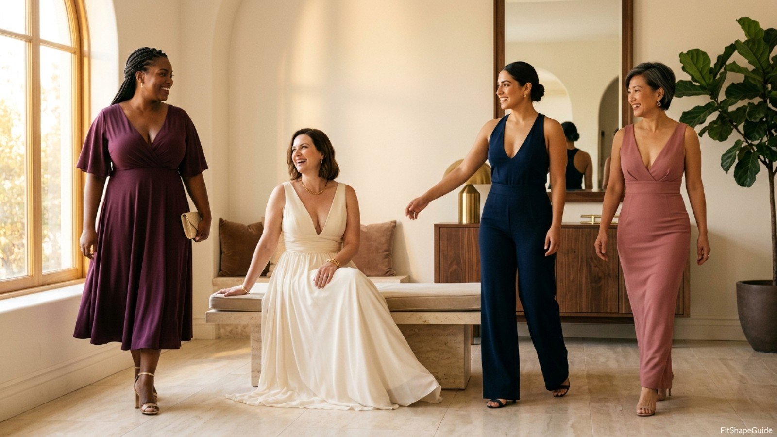 Deep-plunge bras tested beneath low V-neck dresses during sitting, reaching and movement