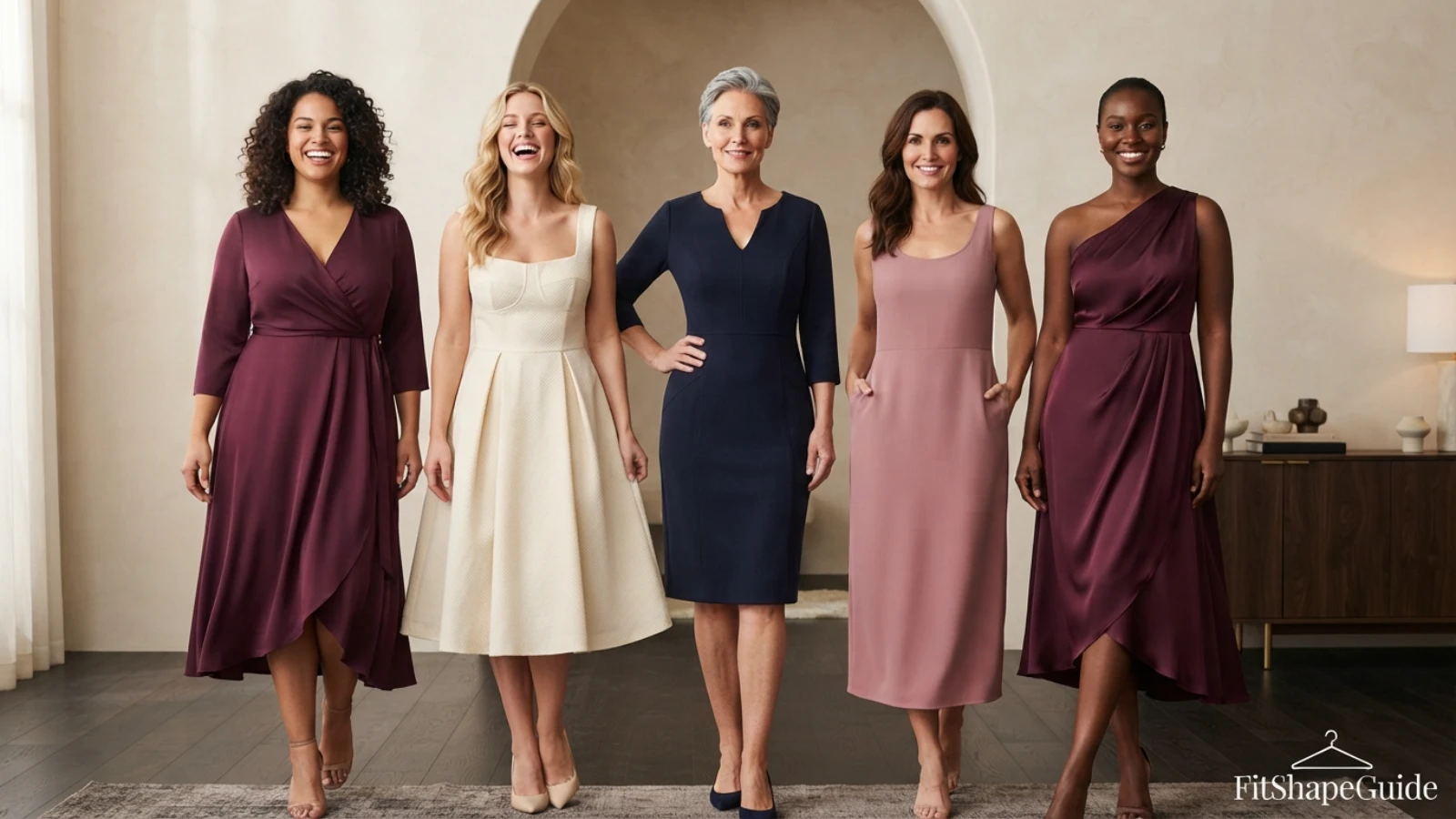Wrap, fit-and-flare, princess-seam and column dresses for a large bust with wide hips