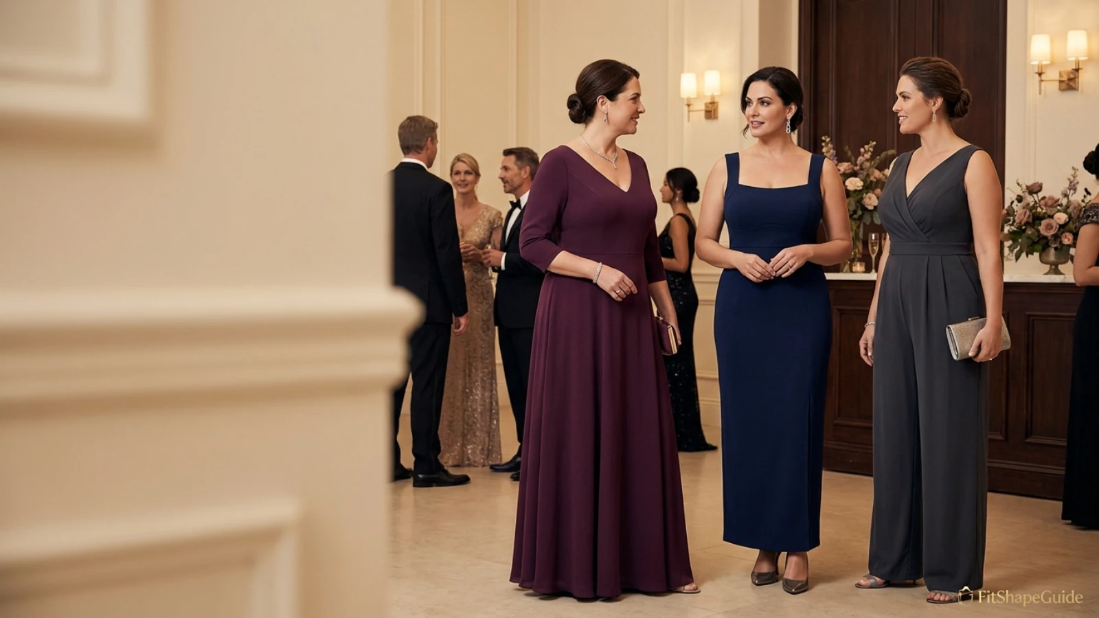 Elegant gala gowns and formal jumpsuit styled for a large bust