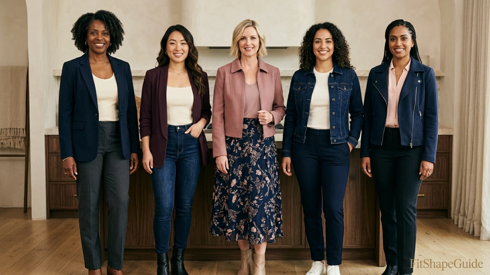 Blazers, cropped jackets and structured layers for a large bust with narrow shoulders