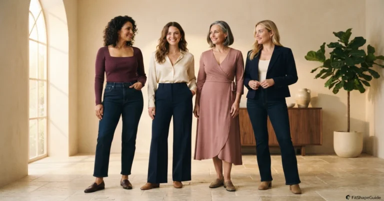 Outfit ideas for a large bust with short legs using smart top lengths, rises, trousers and dresse
