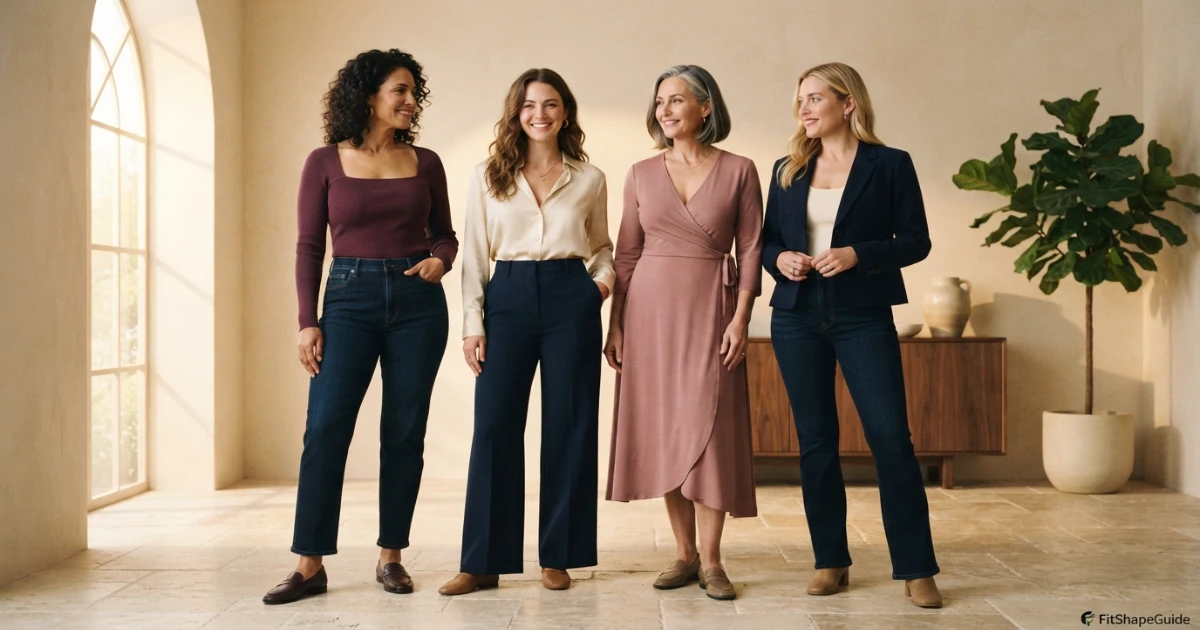 Outfit ideas for a large bust with short legs using smart top lengths, rises, trousers and dresses