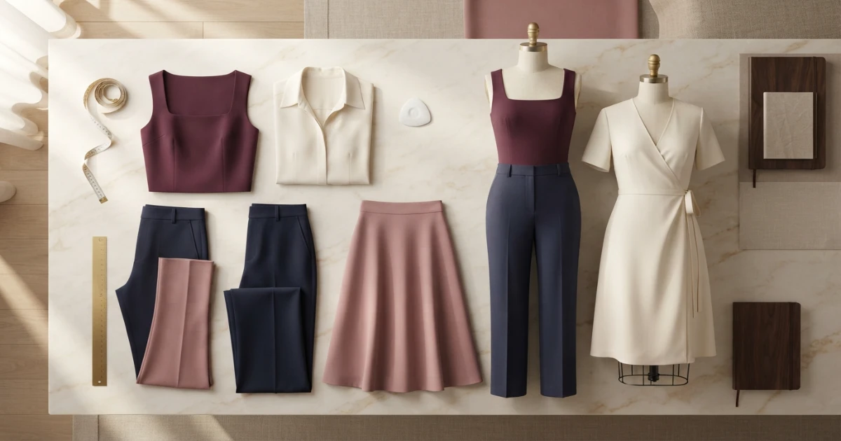 Shopping checklist for a large bust with short legs showing top length, trouser rise, knee placement and hem fit