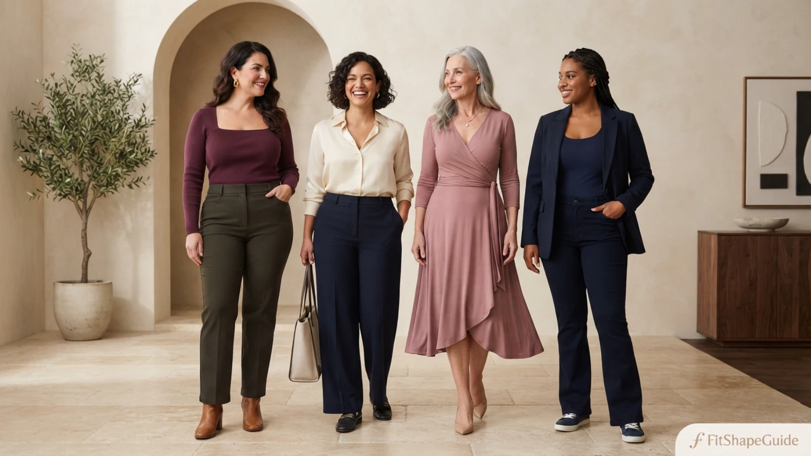 Outfit ideas for a large bust with wide hips using open necklines, waist shaping, dresses and tailored layers