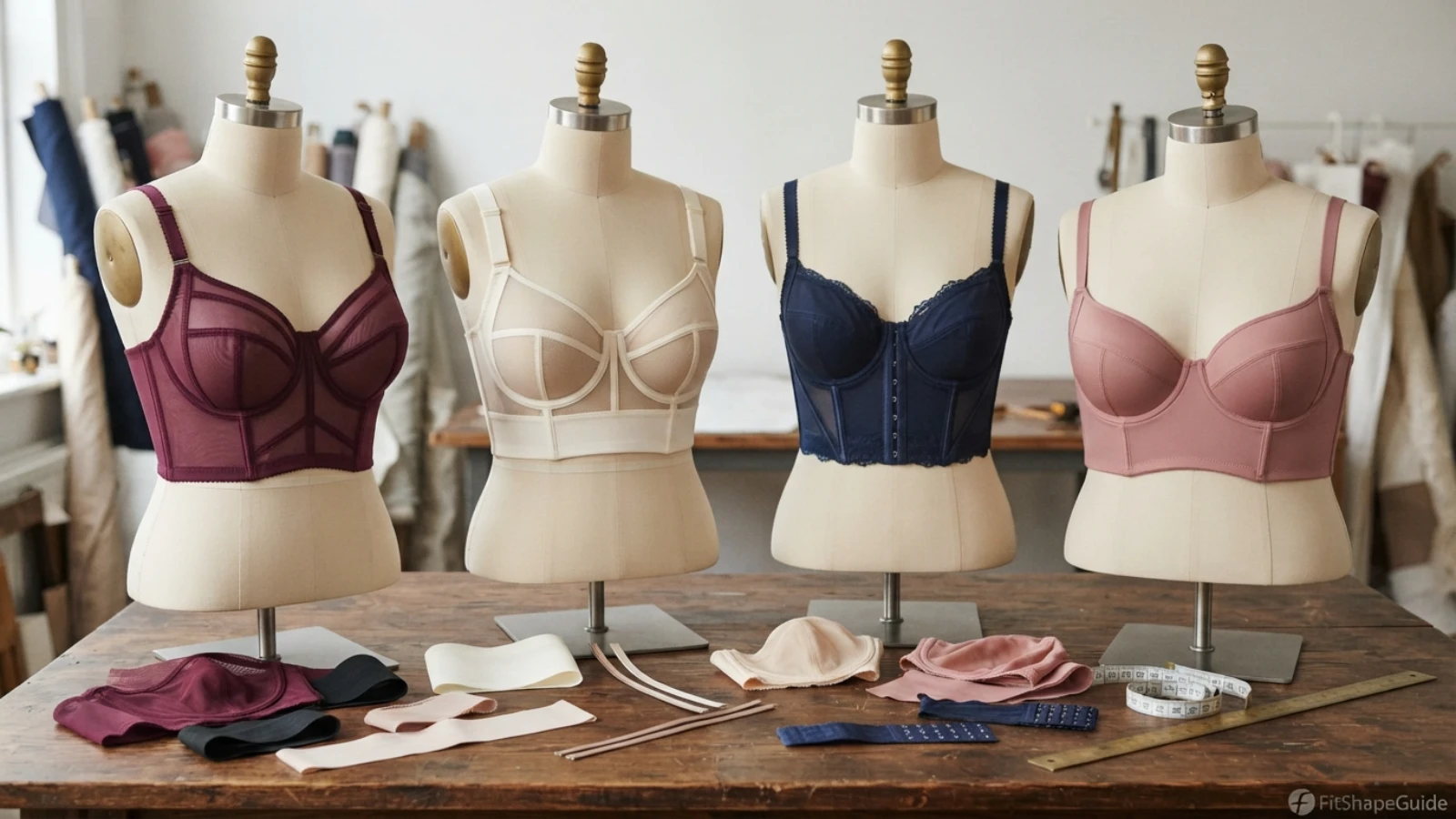 Longline bra support construction showing deep cups, side sling, extended band and flexible boning