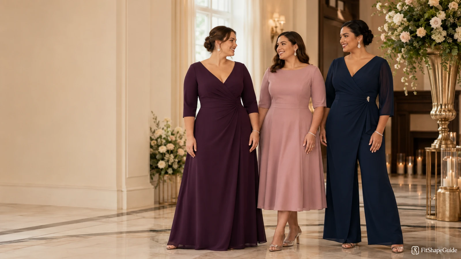 Elegant mother-of-the-bride dresses styled for a large bust