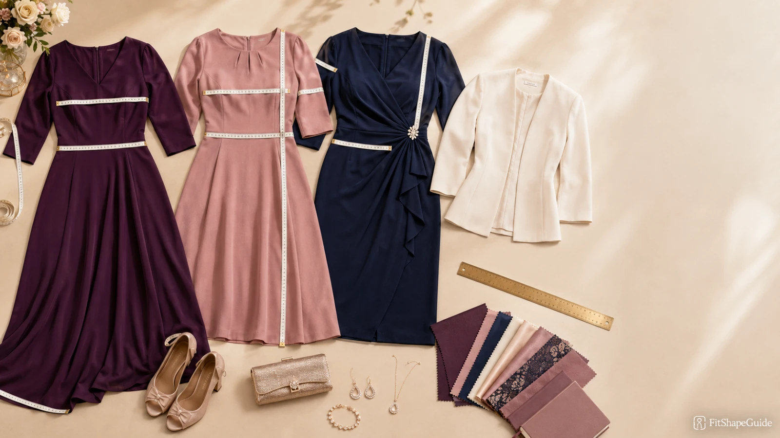 Mother-of-the-bride dress shopping check with bust, waist, sleeve and length measurements