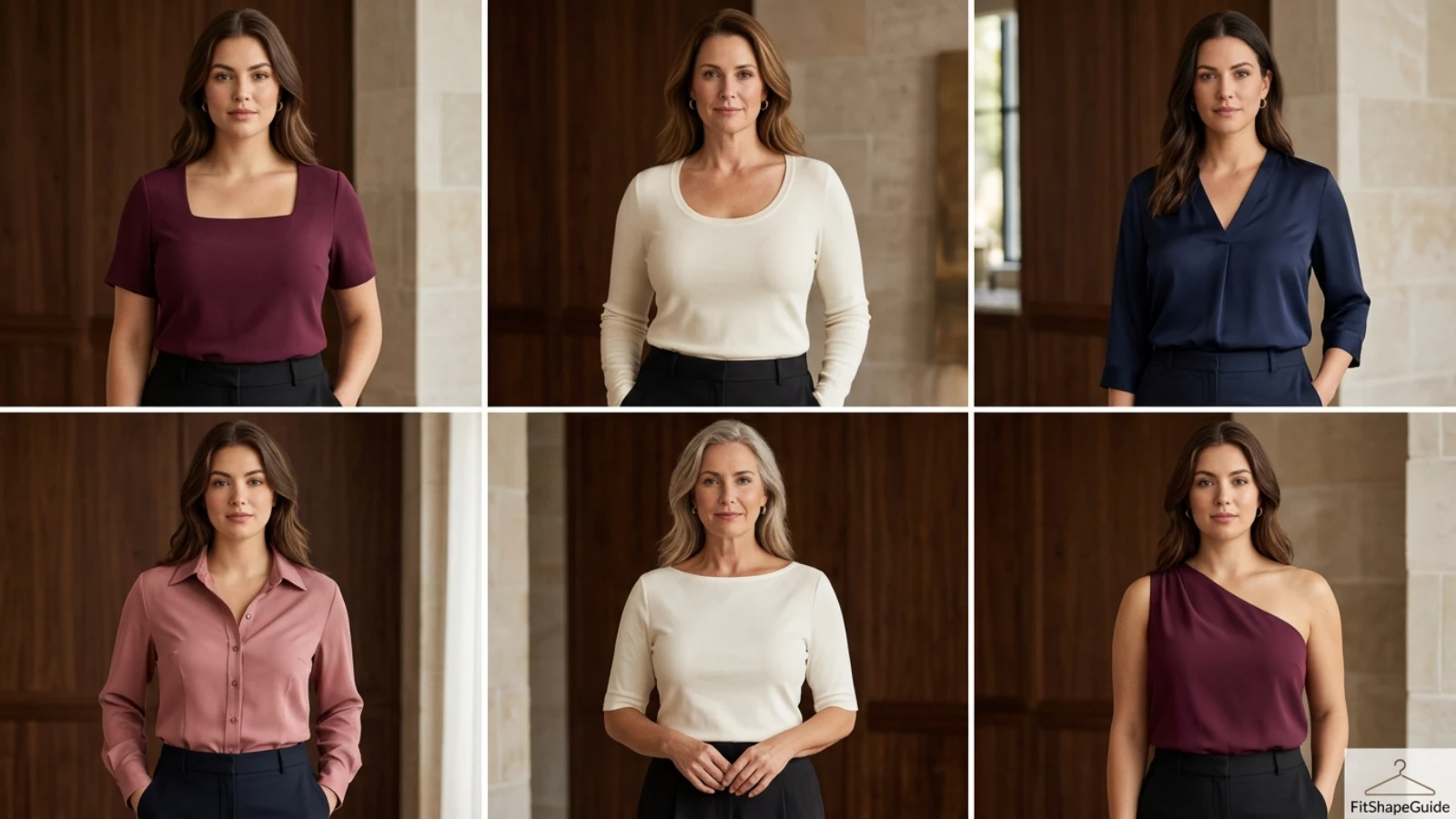 Square, scoop, V-neck, open collar and boat neck tops for a large bust with narrow shoulders