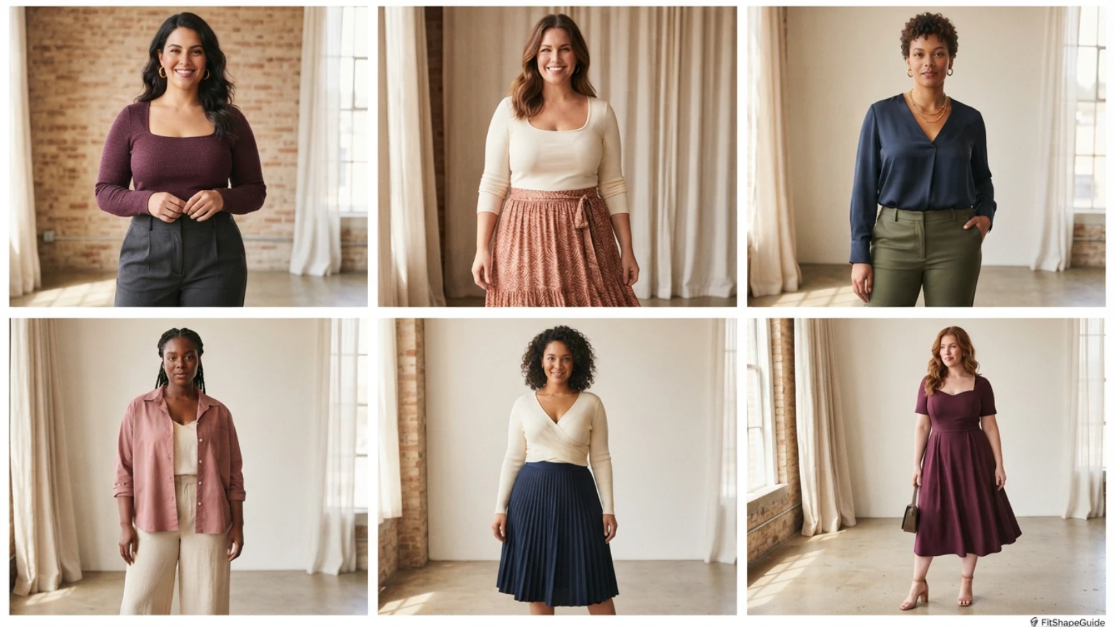 Square, V-neck, scoop, open collar and wrap necklines for a large bust with wide hips