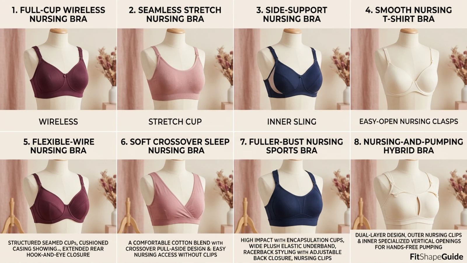 Eight nursing bra styles for a large bust including wireless, seamless, side-support and pumping bras