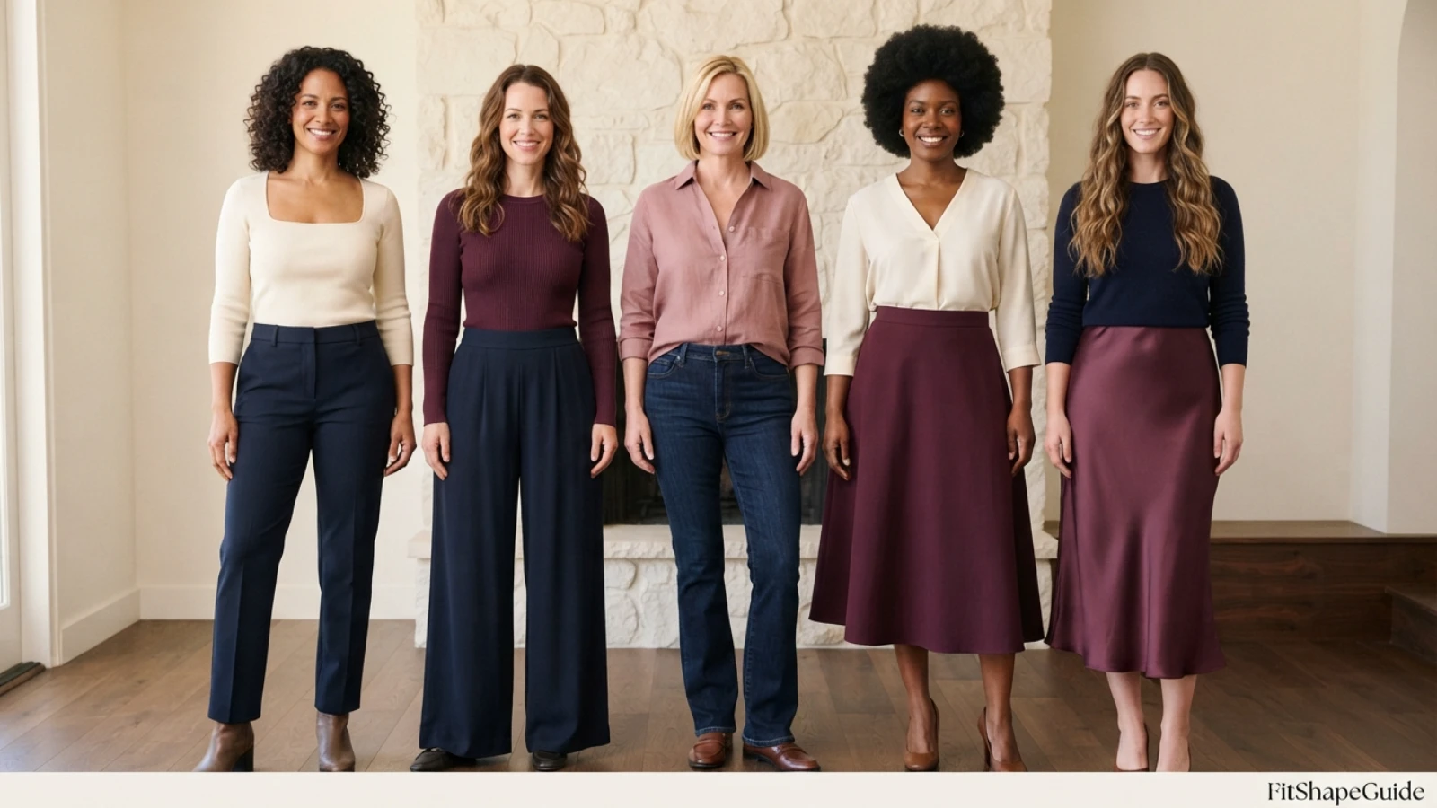 Straight-leg, wide-leg, bootcut trousers and A-line skirts for a large bust with wide hips