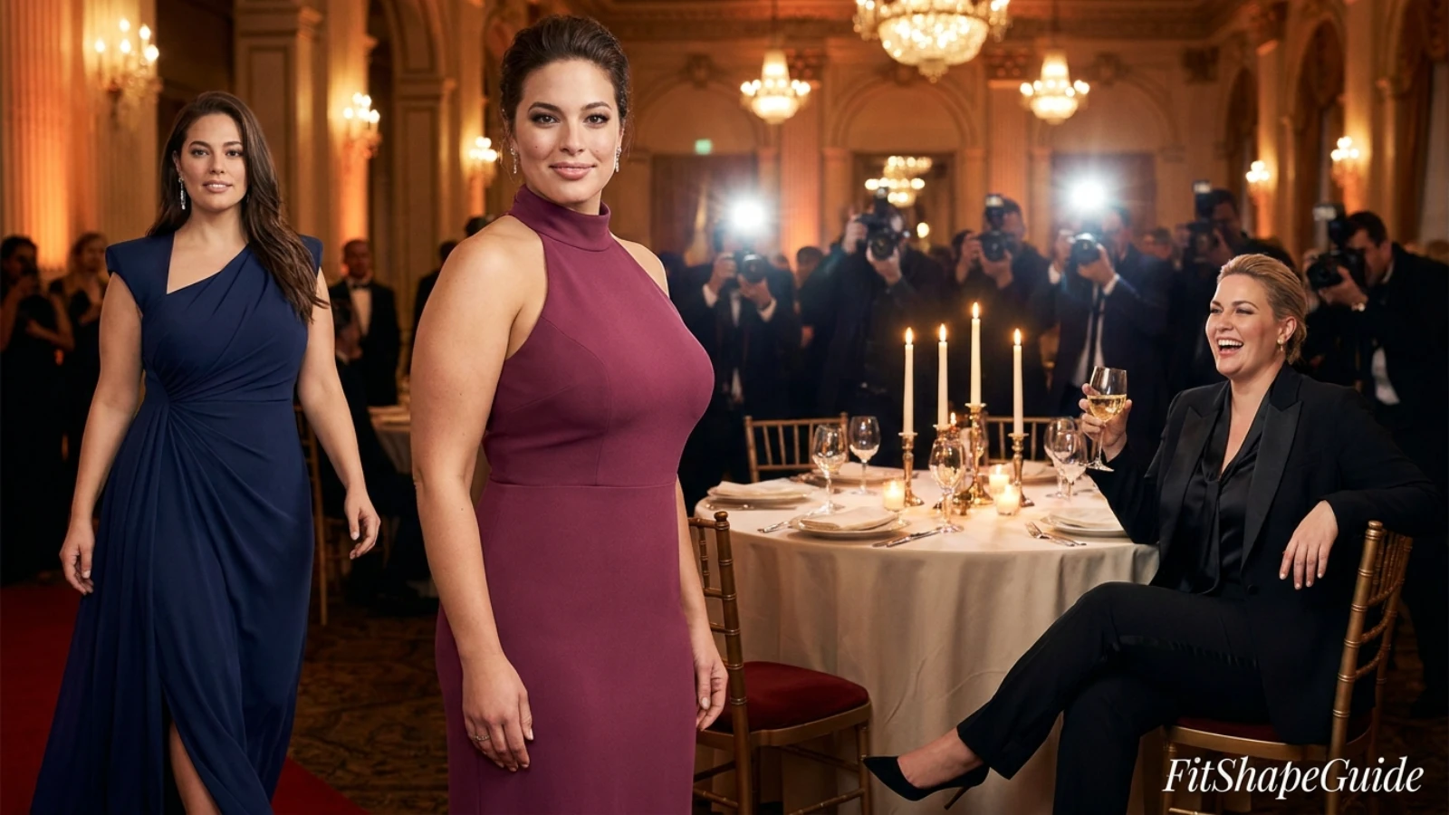 Red carpet-inspired outfits tested while posing, walking and seated for a large bust