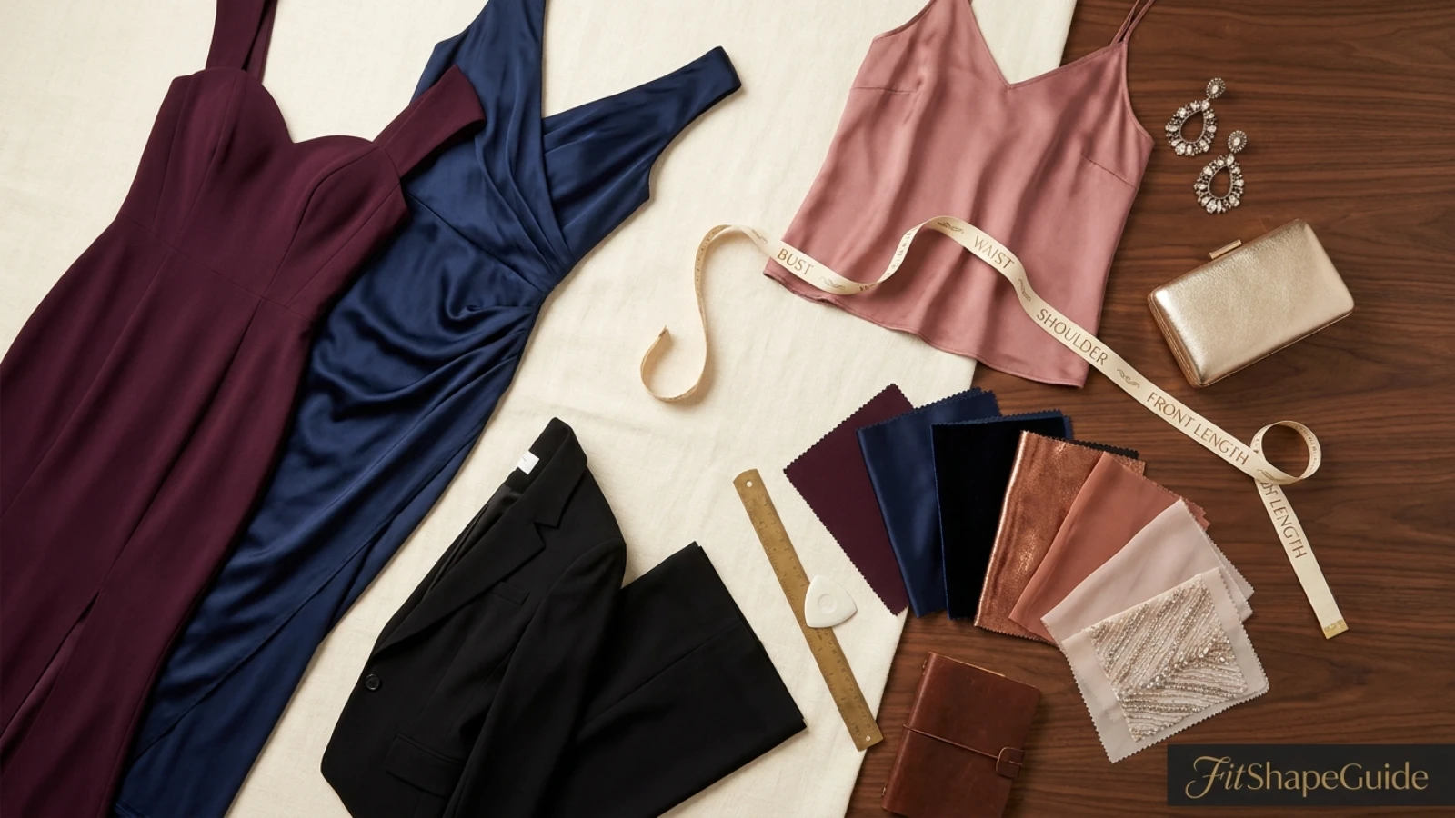 Red carpet-inspired gown shopping check with bust, bodice, drape and garment measurements
