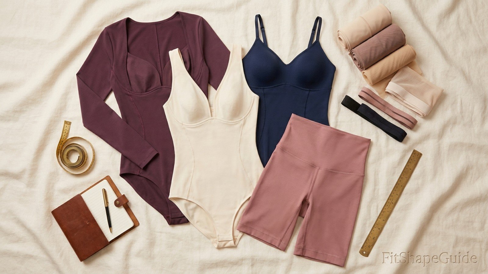 Shapewear shopping checklist showing open-bust design, built-in support, targeted panels and gusset construction