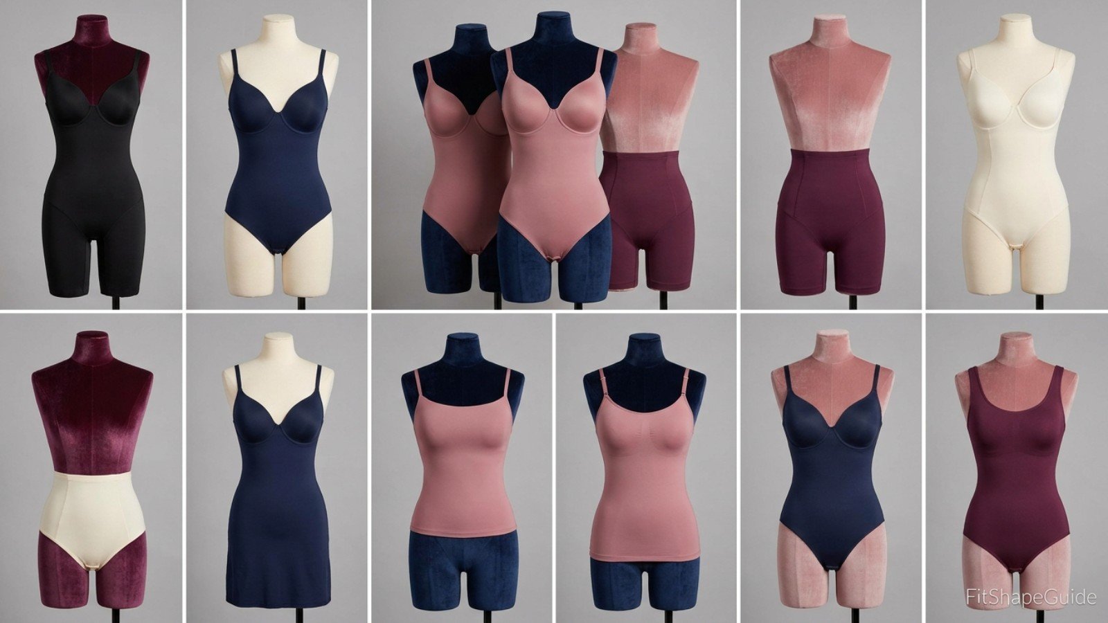 Eight fuller-bust-friendly shapewear styles including open-bust bodysuits and high-waist shorts
