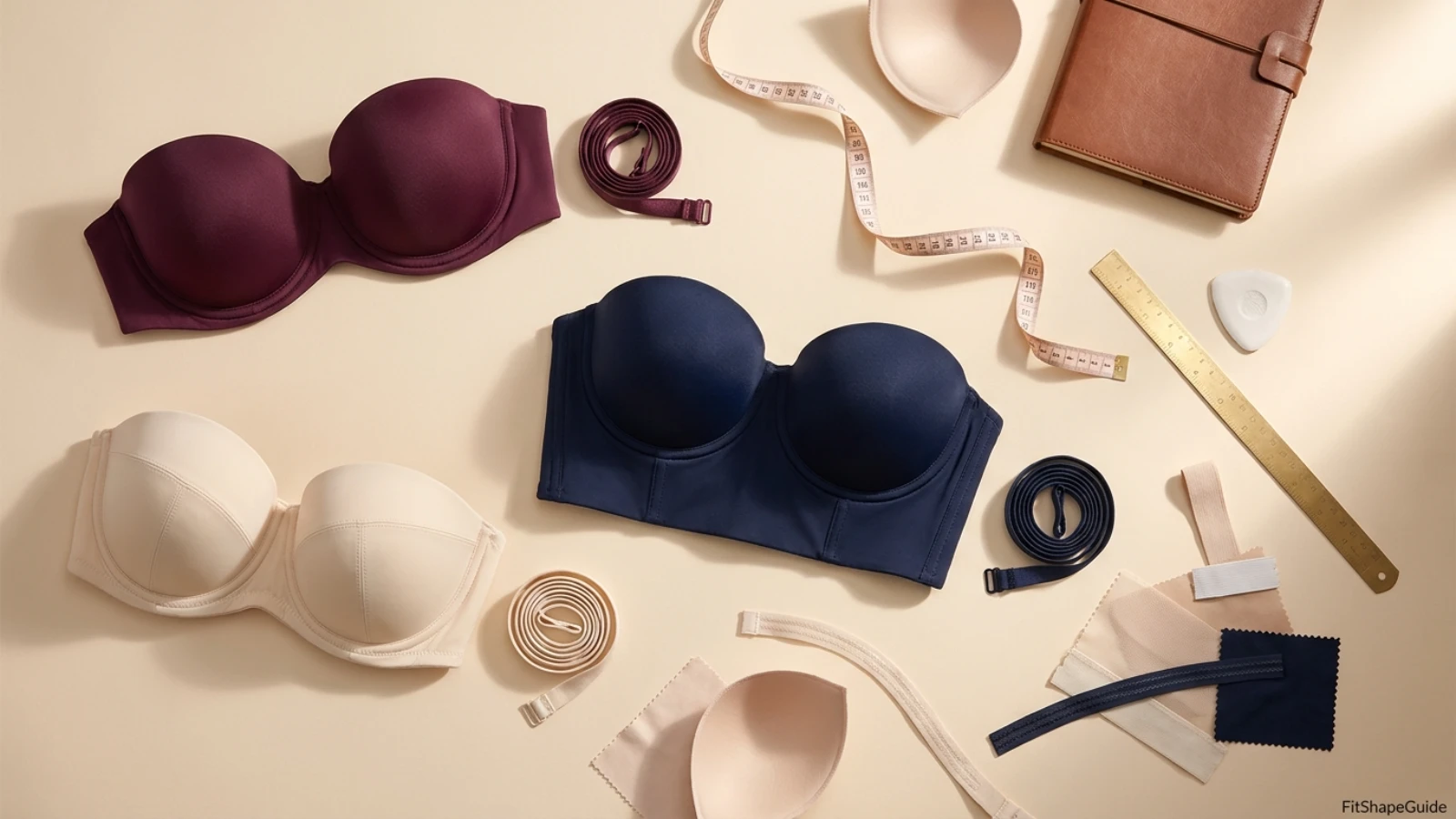Strapless bra shopping check with cup, band, wing, wire and closure measurements