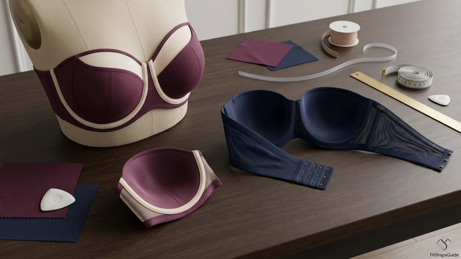 Strapless bra cup, underwire, band, gripper and side support construction