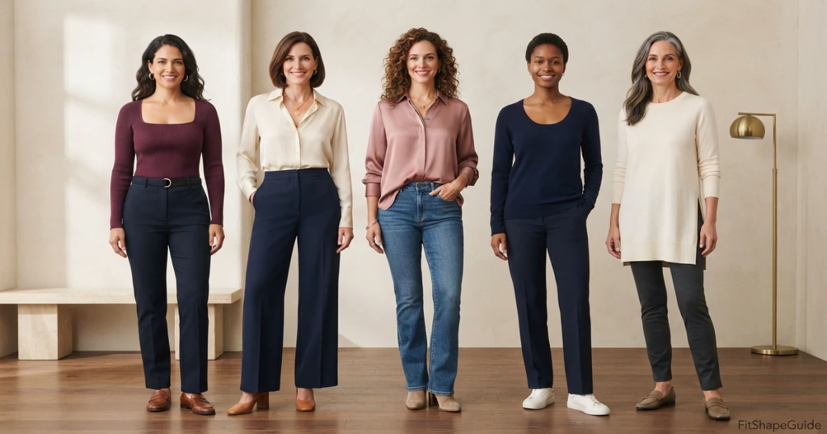 Waist-length, tucked, high-hip and tunic tops for a large bust with short legs