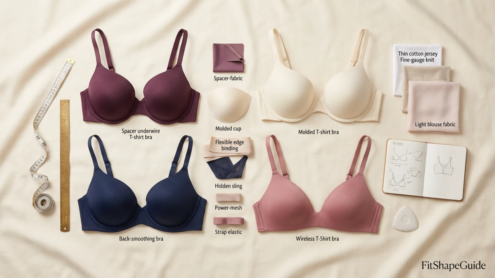 T-shirt bra shopping checklist with spacer cups, molded cups, bands and fabrics